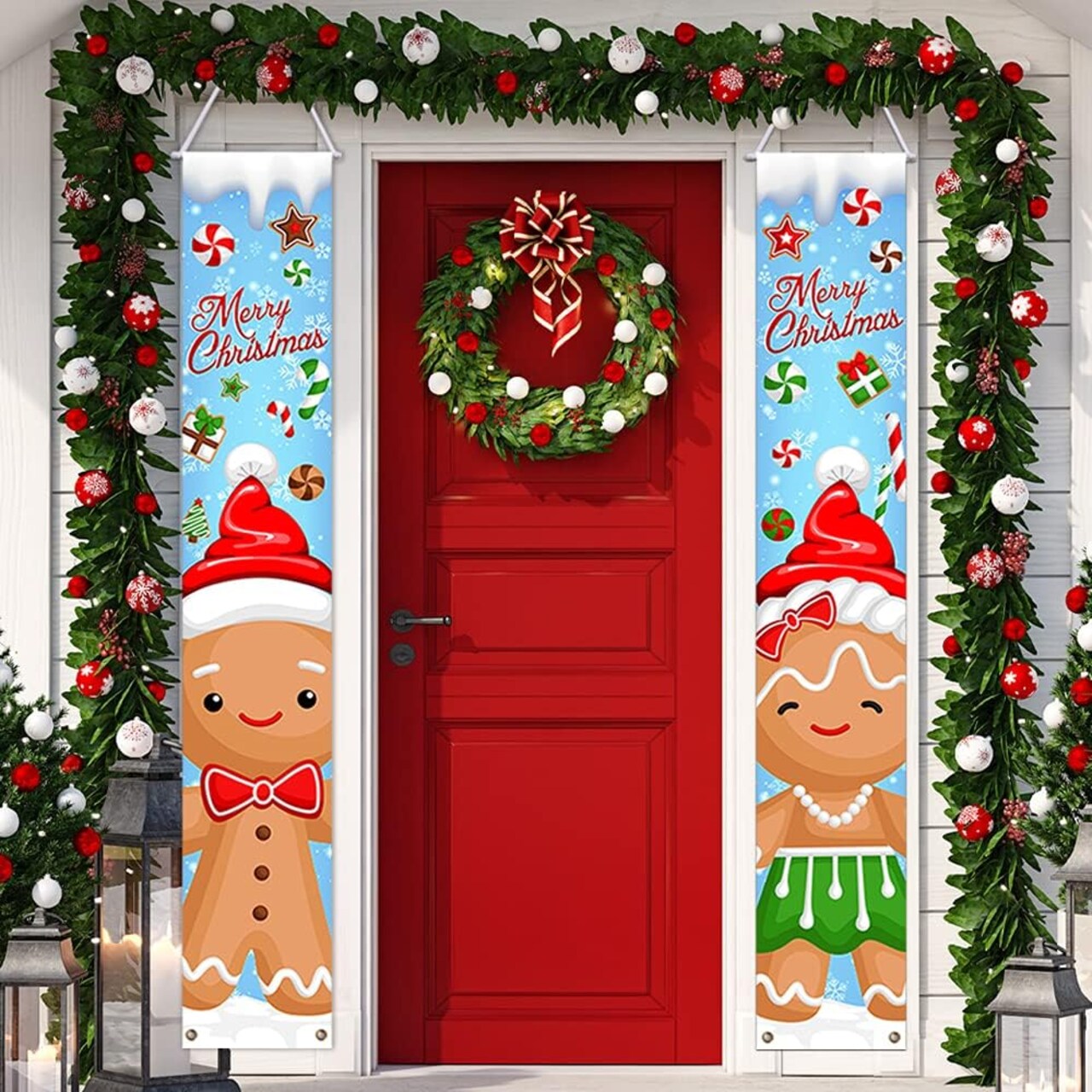 Gingerbread Christmas Decorations - Porch Sign Banner, Merry Christmas Hanging Door Banner(Multicolor)70.8"L x 11.81"W